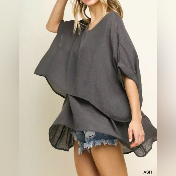 Umgee Tops - Umgee Solid Overlayer Oversized Tunic Top Dark Grey Size Large